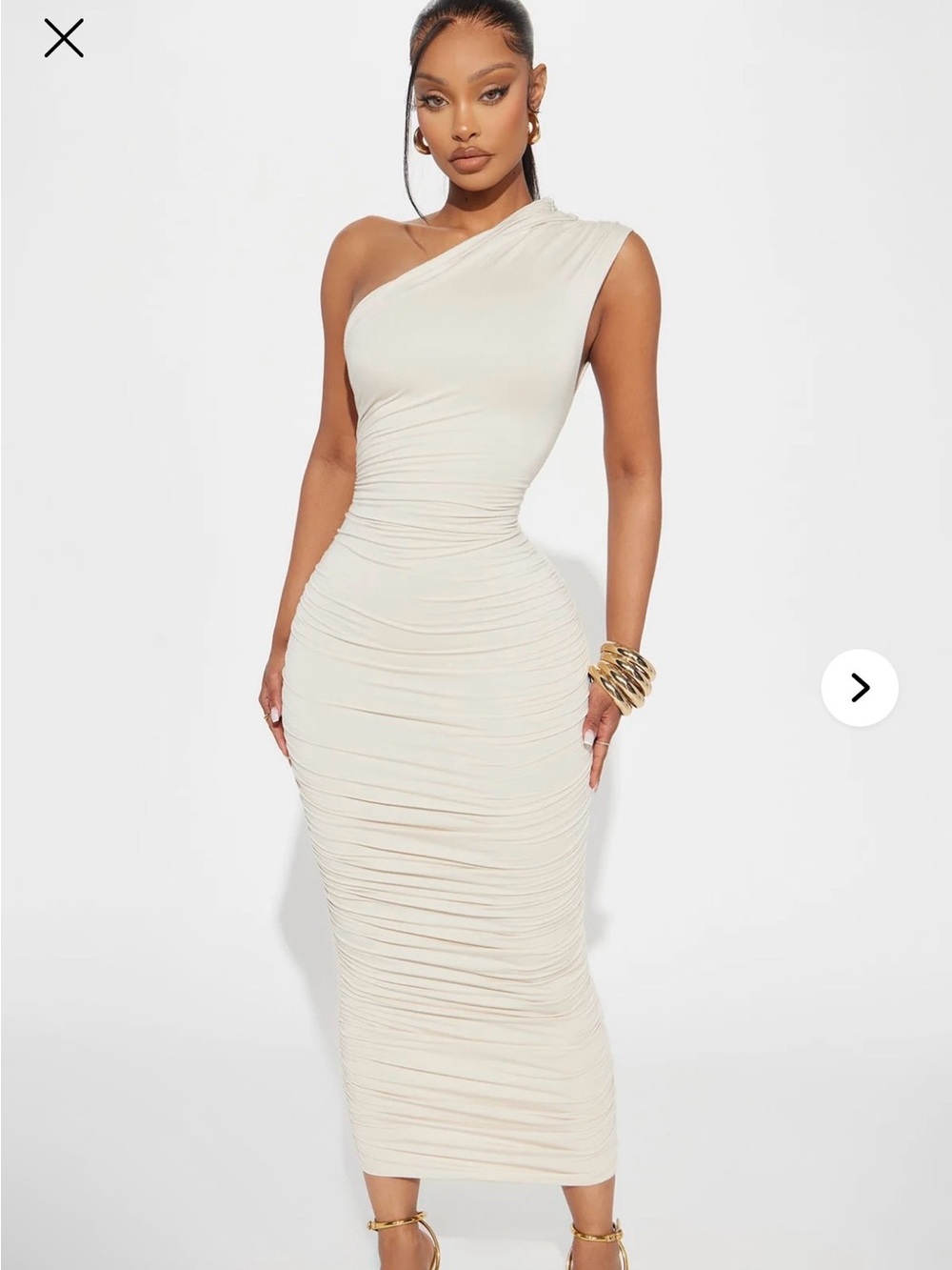 One-Shoulder Ruched Midi Dress in Nude